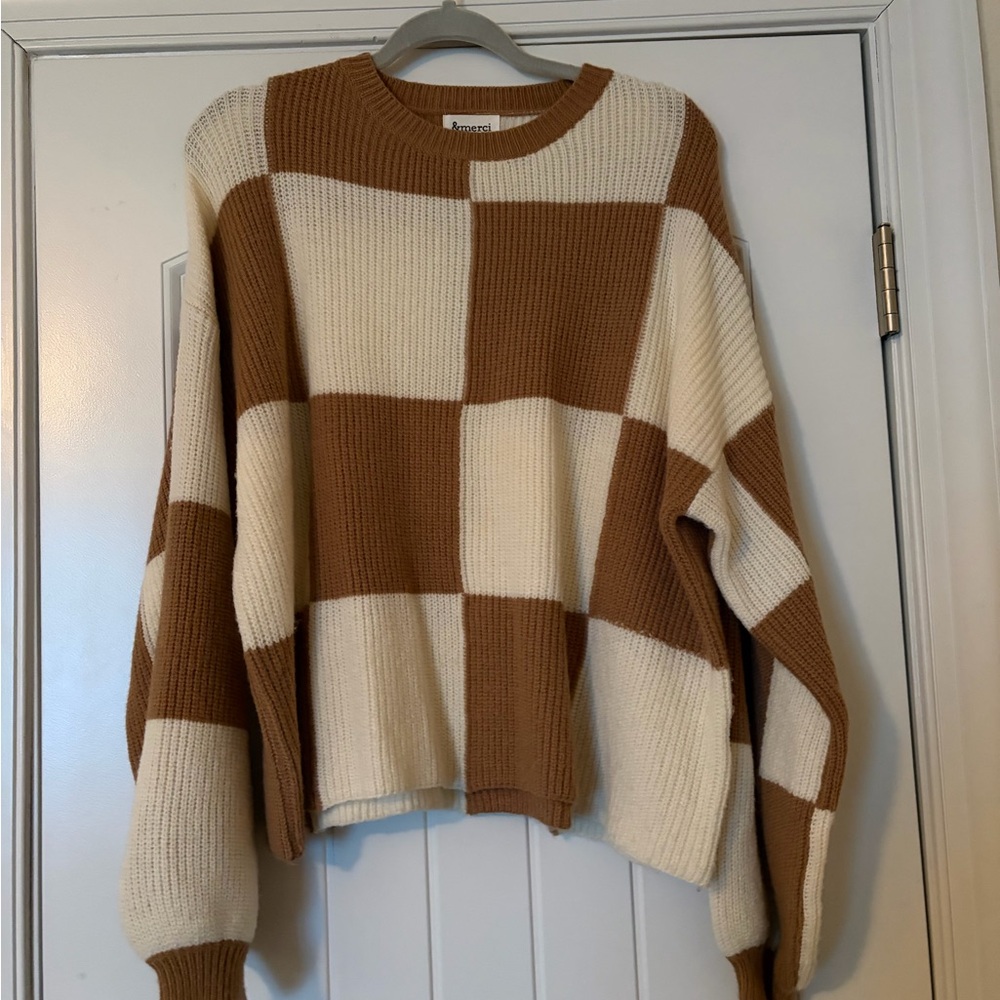 Brown and Cream Checkered Sweater